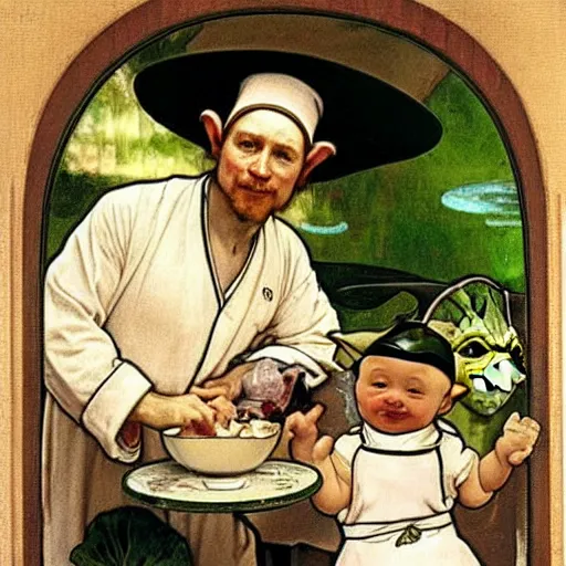 Image similar to baby yoda as a chef wearing a white apron and wearing a white chef's hat, by Jan van Eyck, by alphonse mucha