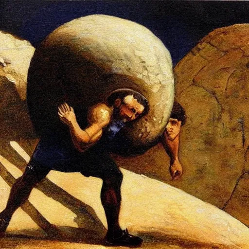 Image similar to a painting of benjamin netanyahu as sisyphus, carrying boulder, by franz stuck