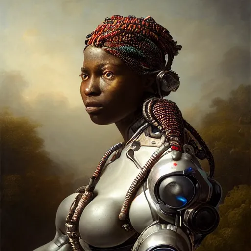 Image similar to Ultra detailed, 4K Portrait of a cyborg african woman by Rachel Ruysch