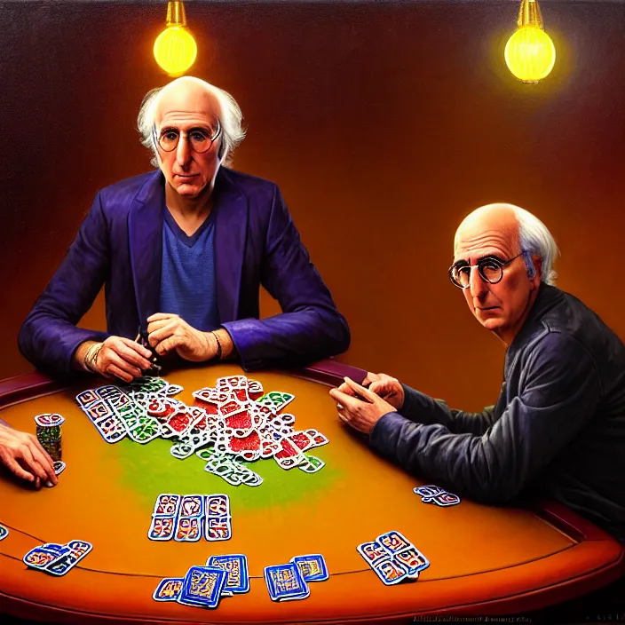 Image similar to bright psychedelic portrait of larry david playing poker, diffuse lighting, fantasy, intricate, elegant, highly detailed, lifelike, photorealistic, digital painting, artstation, illustration, concept art, smooth, sharp focus, art by John Collier and Albert Aublet and Krenz Cushart and Artem Demura and Alphonse Mucha