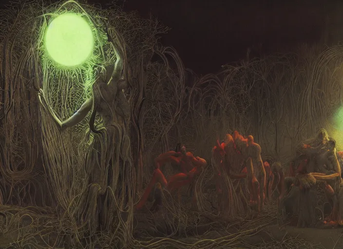 Image similar to satanic ritual, neon, they are watching, RGB, glowing wires everywhere, pristine, by Edgar Maxence and Ross Tran, Zdzisław Beksiński, and Michael Whelan, distant, gustav dore, H.R. Giger, 8k, octane render