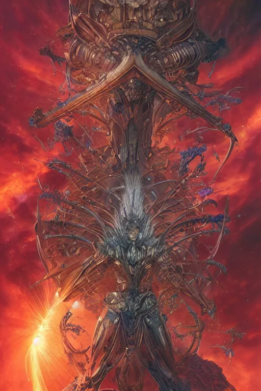 Image similar to now is the time to relaunch the dream weapon, by artgerm and yoshitaka amano and moebius and hr giger and zdislaw beksinski, hyperdetailed, surreal, dc comics, ornate, stunning, nebula, explosions in the sky, trending on artstation