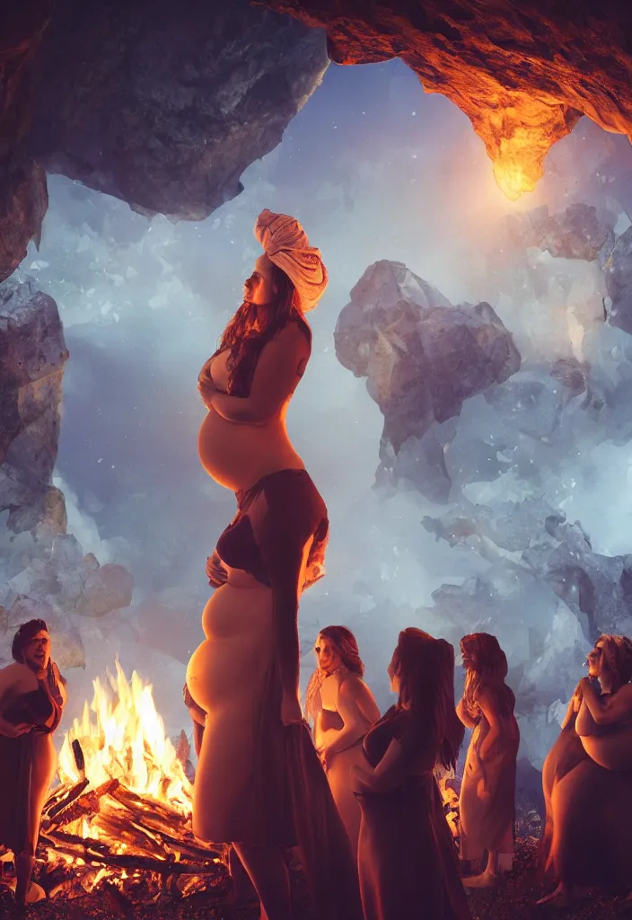 Image similar to epic leader pregnant woman talking to all her tribe around a bonfire, proud people looking at the pregnant woman, ice cave, facinating, fantasy digital art, octane render, beautiful composition, trending on artstation, award - winning photograph, masterpiece