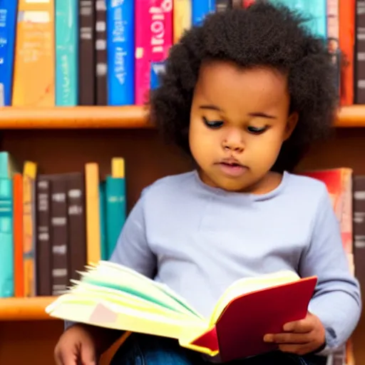 Prompt: a cute adorable phoenix fledgling learning to read in a library