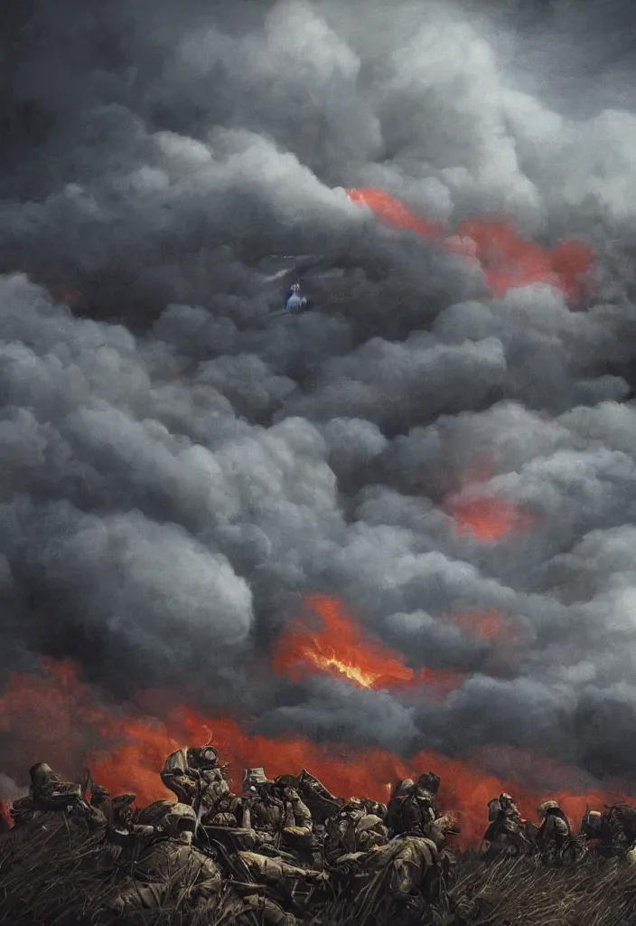 Prompt: handmade illustration of an epic and dramatic World War I war autumn scene with a very few german and british soldiers involved firing each other, blue sky with dramatic clouds, some mist grey smoke and fire, line art, ink, oil on canvas by Kilian Eng and by Jake Parker, heavy brushstrokes, winning-award masterpiece, fantastic, octane render, 8K HD Resolution, High quality image