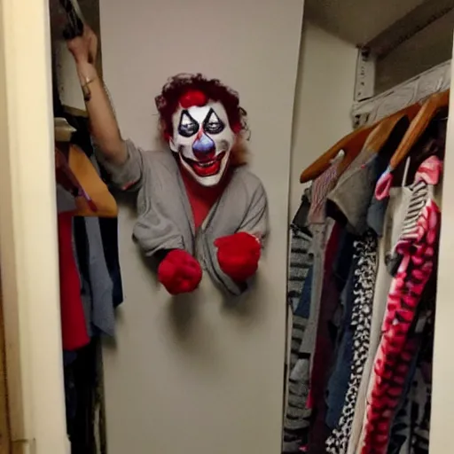 Prompt: photo of a scary clown hiding in your closet