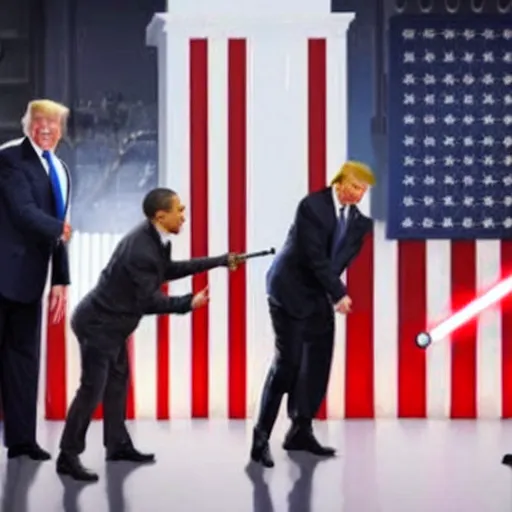 Prompt: photo of putin, trump and obama having a lightsaber fight