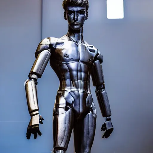 Image similar to “a realistic detailed photo of a guy who is an attractive humanoid who is half robot and half humanoid, who is a male android, twitch streamer Ninja Tyler Blevins, shiny skin, posing like a statue, blank stare”