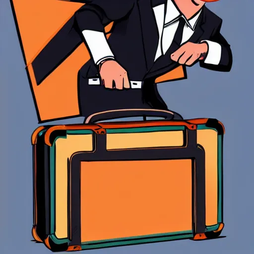 Image similar to brown suitcase containing domino superhero mask being opened by a ginger caucasian male in a brown suit, bruce timm artstyle, colorful, somber