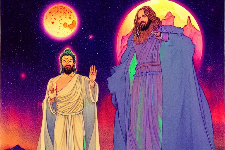 Image similar to a hyperrealist watercolour character concept art portrait of a hologram of space jesus at night in las vegas, nevada. a mysterious cloaked figure in the background. lasers shoot from behind a mountain. buddha hologram. by rebecca guay, michael kaluta, charles vess and jean moebius giraud