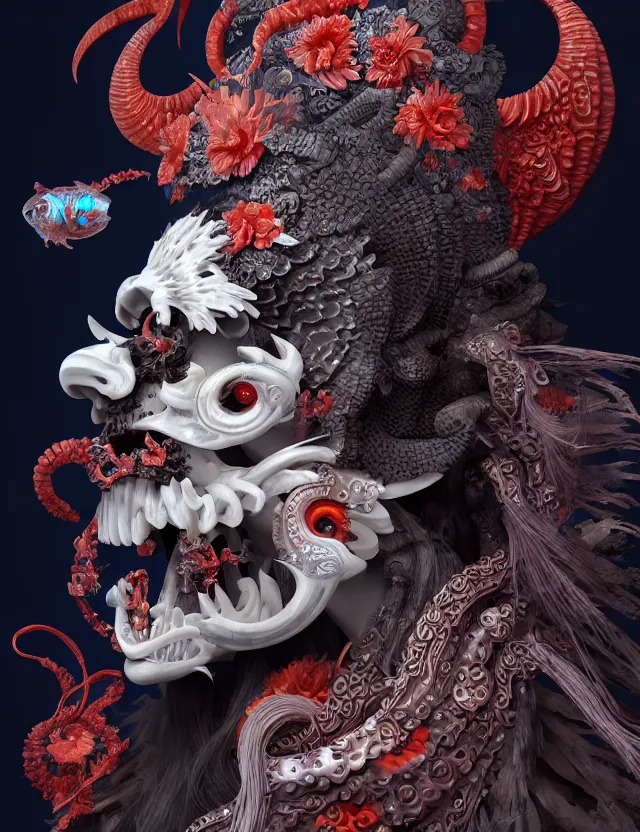 Image similar to 3 d goddess of hell close - up profile portrait with ram skull. beautiful intricately detailed japanese crow kitsune mask and clasical japanese kimono. betta fish, jellyfish phoenix, bio luminescent, plasma, ice, water, wind, creature, artwork by tooth wu and wlop and beeple and greg rutkowski