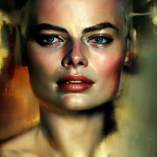 Image similar to margot robbie, hyperrealistic portrait, bladerunner street, art of elysium by jeremy mann and alphonse mucha, fantasy art, photo realistic, dynamic lighting, artstation, poster, volumetric lighting, very detailed face, 4 k, award winning