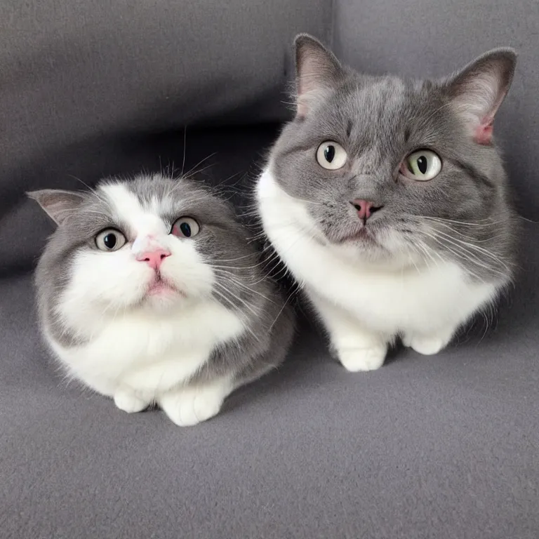 Prompt: perfectly spherical gray and white cat, cute, fluffy, chubby, ball of fur