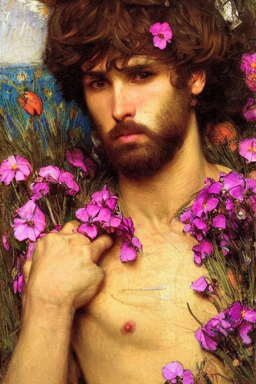 Image similar to close up of a attractive male surrounded by colourful flowers orientalist intricate portrait by john william waterhouse and edwin longsden long and theodore ralli and nasreddine dinet, hyper realism, dramatic lighting