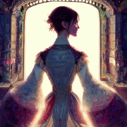 Image similar to emma watson as a beautiful young girl in intricate clothing by ross tran, walking in a castle painted by sana takeda, rtx reflections, very high intricate details, painting, digital anime art, medium shot, mid - shot, composition by ilya kuvshinov, lighting by greg rutkowski