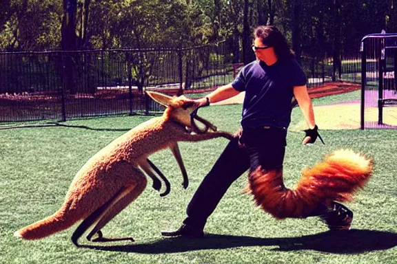 Image similar to weird al fighting a kangaroo in a playground