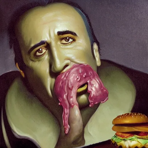 Prompt: surreal grotesque kitsch low-brow portrait of Nicolas Cage emerging from deep shadows eating hamburgers, extra onions and ketchup, luscious patty with sesame seeds, figure in the darkness, serving big macs, french fry pattern ambience, Francisco Goya, painted by John Singer Sargant, Adrian Ghenie, style of Francis Bacon, highly detailed, 8k, trending on artstation