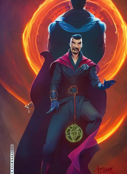 Prompt: Dr strange with a serious Look, in his suit, in the Style of Artgerm and Charlie Bowater and Atey Ghailan and Mike Mignola, vibrant colors and hard shadows and strong rim light, Comic Cover Art, plain background, trending on artstation