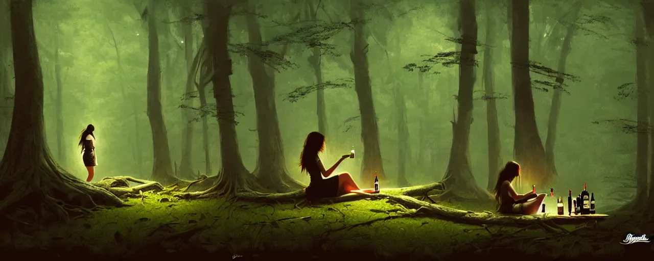 Image similar to girl drink jack daniels in forest, detailed digital art by greg rutkowski.