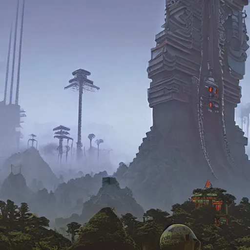 Image similar to mayan cyberpunk city in the center of redwood forest, viewed from a distance, shadow of the colossus screenshot by j. c. leyendecker, simon stalenhag, studio ghibli, and beksinski