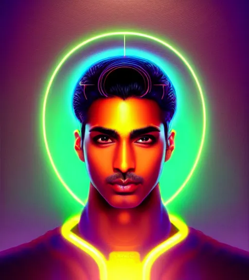 Image similar to symmetry!! indian prince of technology, solid cube of light, hard edges, product render retro - futuristic poster scifi, lasers and neon circuits, brown skin handsome indian prince, intricate, elegant, highly detailed, digital painting, artstation, concept art, smooth, sharp focus, illustration, dreamlike, art by artgerm