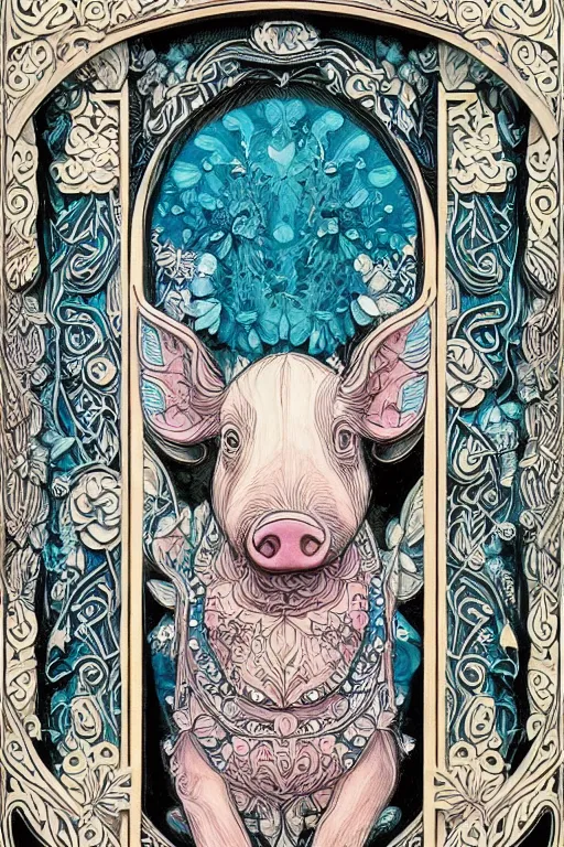 Image similar to Painted dark-wood panel relief carving of a Flowerpunk Piglet, White and pale blue toned, ornate border frame, explosion of colorful flowers, dark wood, intricately carved, black ink, festival of rich colors, intricate details, cinematic lighting, volumetric lighting, post-processing, art nouveau, tarot, fractal art, mandala, by andreas rocha and john howe, and Martin Johnson Heade, featured on artstation, featured on behance, golden ratio, hyper detailed, photorealistic, epic composition, center spotlight, f32, well composed, symmetrical, UE5, 8k