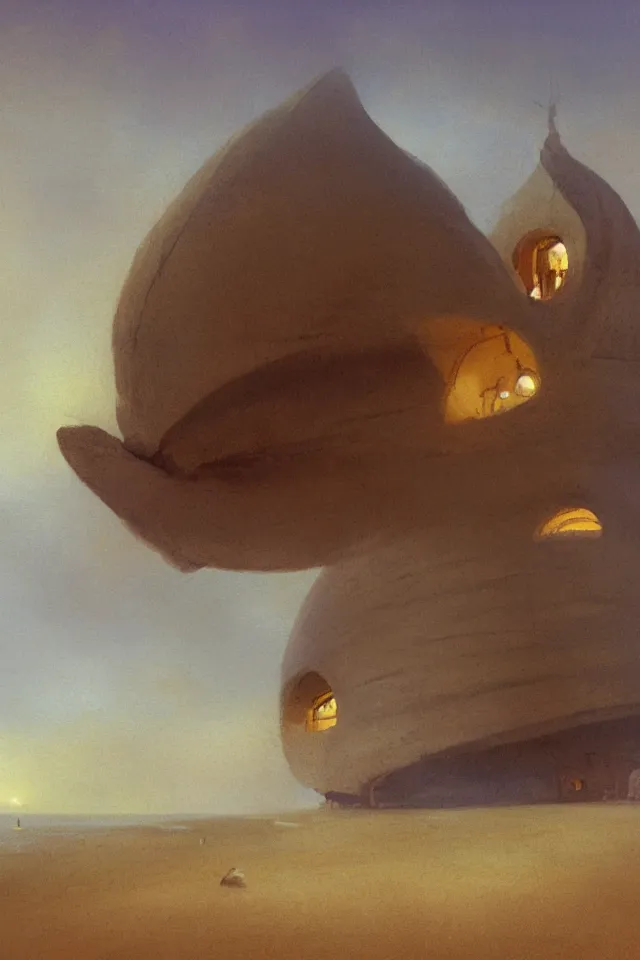 Image similar to painting of a giant seashell house where a young girl lives by john harris, atmospheric, concept art