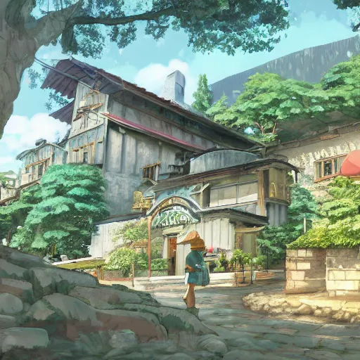 Image similar to concept art painting of a historic bakery with european and japanese architecture, in a woodland village surrounded by trees, in a mountain valley, realistic, detailed, cel shaded, in the style of makoto shinkai and greg rutkowski and james gurney