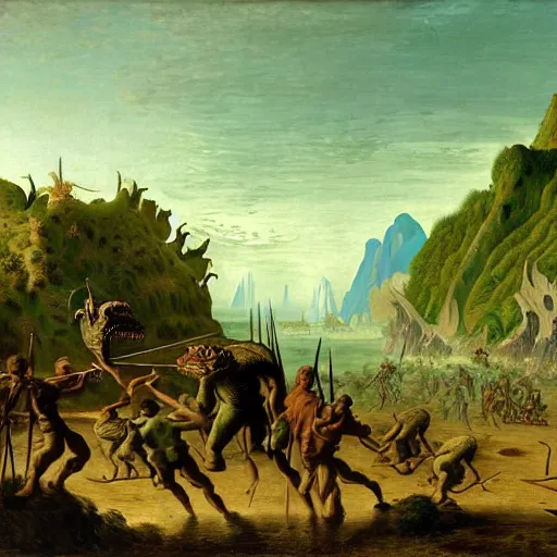 Prompt: A green scaly dinosaur fighting with several realistic detailed cavemen armed with spears, coarse canvas, visible brushstrokes, intricate, extremely detailed painting by Jan van Goyen