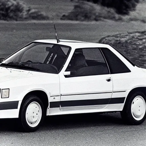 Prompt: A rally coupe designed and produced by Peugeot in the production year of 1987, promotional photo