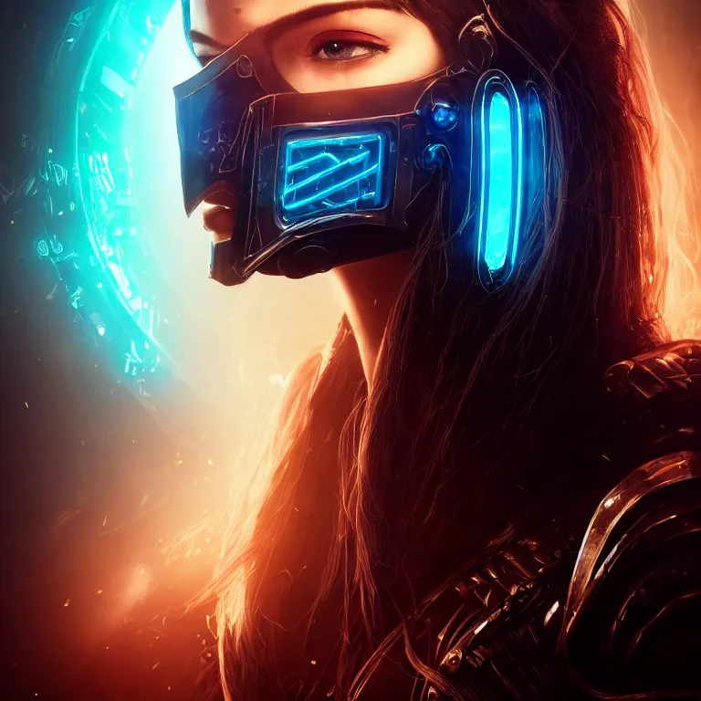 Image similar to beautiful cinematic poster, a cyberpunk female wearing an armored mask and ornate silver pirate hat, brilliant blue flowing hair, beautiful glowing eyes, wideshot ultrawide angle epic scale, hybrid from the elden ring and art direction by darius zawadzki, wayne reynolds artstation ; cinematic quality character render ; low angle ; ultra high quality model, quality cinema model