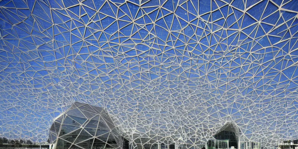 Prompt: futuristic translucent mosque exterior, hive power, shadows, complex, detailed, reflective, pearlescent, white panels, glass, geodesic, architecture by Buckminster Fuller and photo by Nick Hufton and Allan Crow