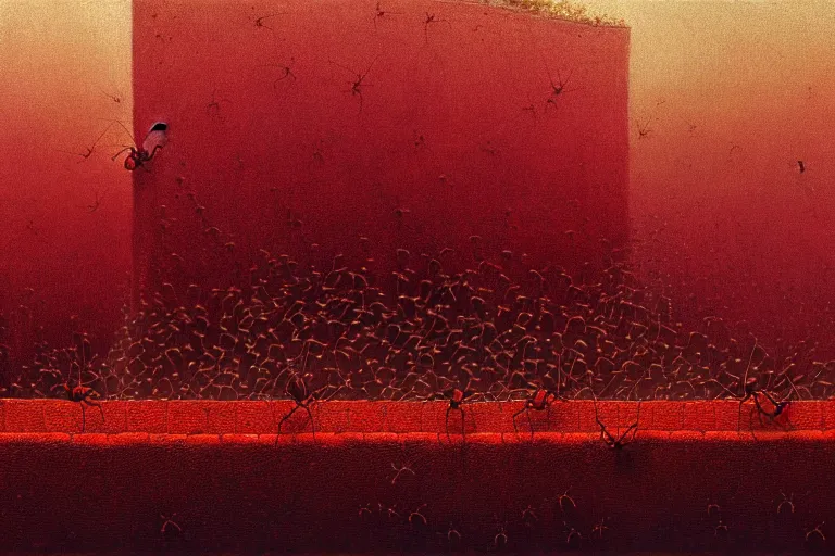 Image similar to a line of ants heading up an outside wall towards a pie cooling in the window, in the style of beksinski, intricate and epic composition, red by caravaggio, insanely quality, highly detailed, masterpiece, purple light, artstation, 4 k