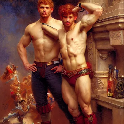 Image similar to attractive muscular mike with ginger hair with muscular attractive tyler with brunet hair, drinking their hearts out, in their noble mansion. very defined and highly detailed painting by gaston bussiere, craig mullins, j. c. leyendecker 8 k