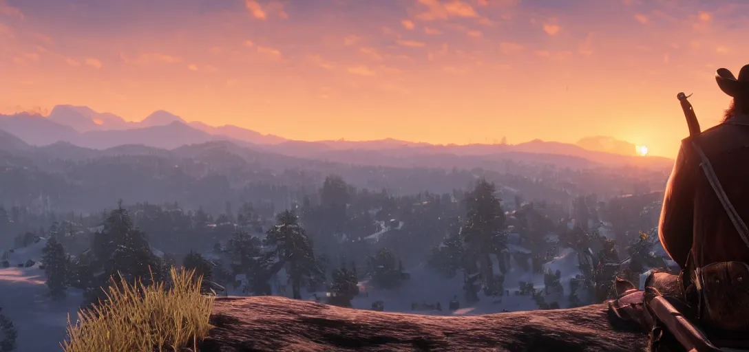 Image similar to Arthur Morgan from Red Dead Redemption 2 sitting at the top of a mountain looking at a beautiful sunrise in the distance