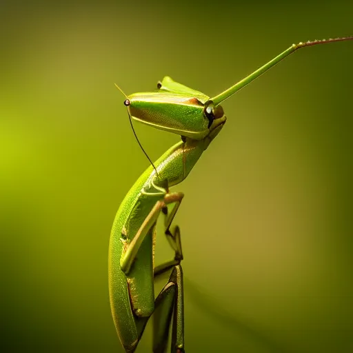 Prompt: detailed macro photography of green and gold praying mantis, bokeh, glowing fog, trending on artstation