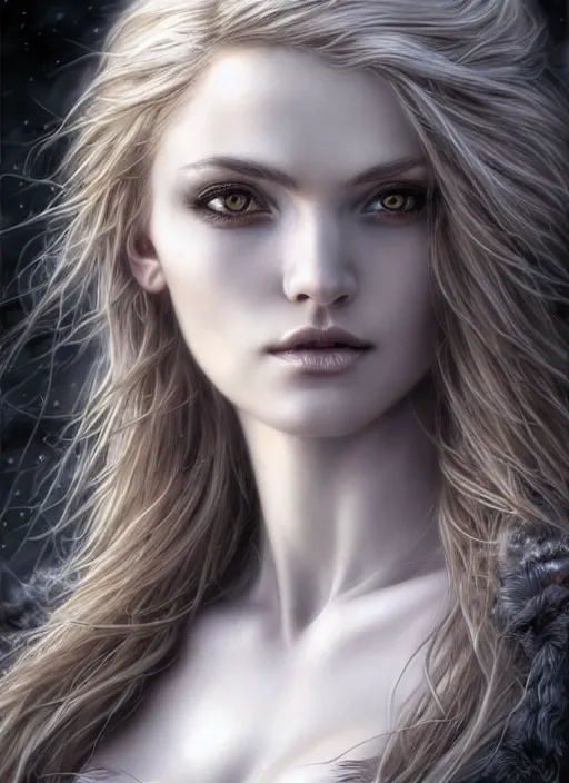 Image similar to photo of a nordic volva beautiful female in the style of stefan kostic, realistic, half body shot, sharp focus, 8 k high definition, insanely detailed, intricate, elegant, art by stanley lau and artgerm, luis royo