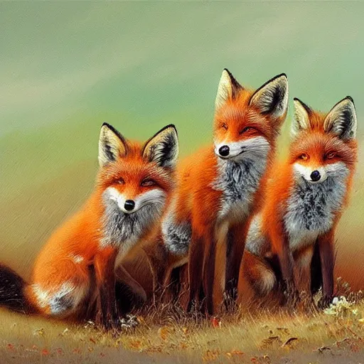 Prompt: a cute, meaningful, and profound oil painting of three foxes playing artstation james gurney