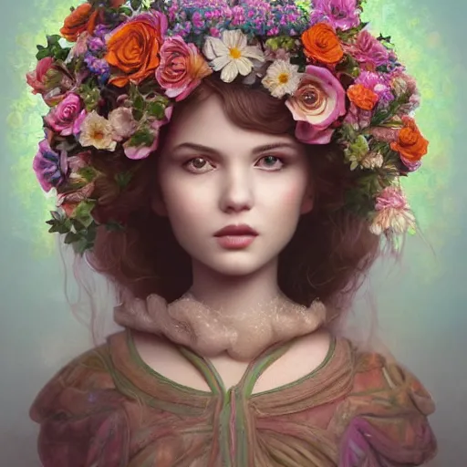 Image similar to an intelligent young women looking at the camera, she has a beautiful unconventional face, she is surrounded by an explosion of flowers, elegant, highly detailed, digital painting, artstation, concept art, pop, smooth, sharp focus, illustration, art by mark ryden and gaston bussiere 3 d 8 k ultra detailed