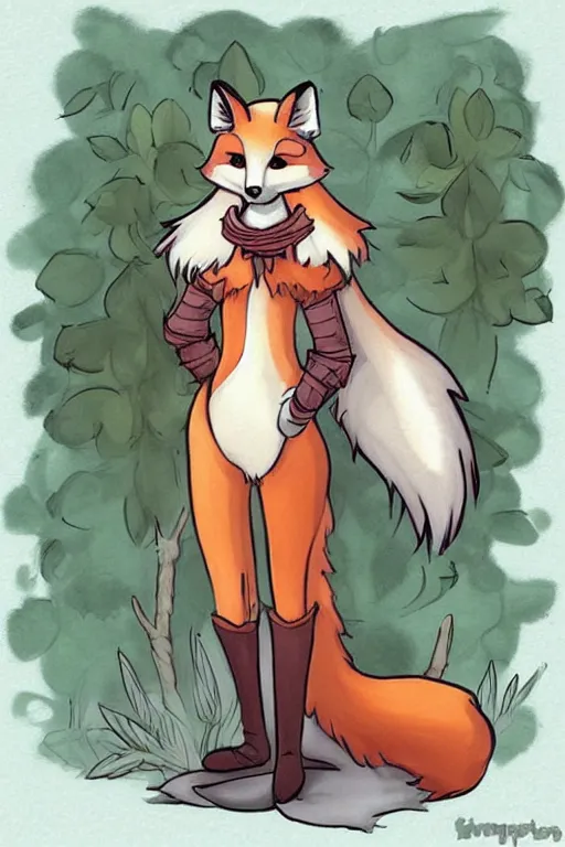 Image similar to a pretty medieval anthropomorphic fox with a fluffy tail in the forest, comic art, trending on furaffinity, cartoon, kawaii, backlighting, furry art!!!, warm shading, concept art, sunset