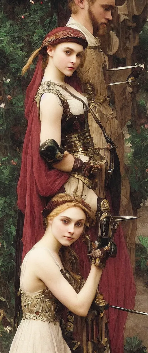 Image similar to annasophia robb in medieval armour, bowl haircut, mucha and bouguereau