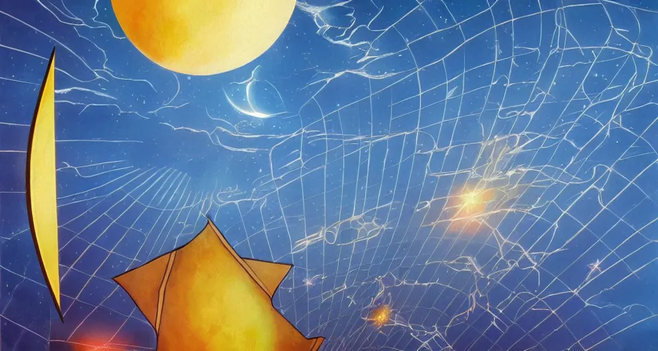 Prompt: solar sail in space, blocking the sun, seen from earth, art deco painting