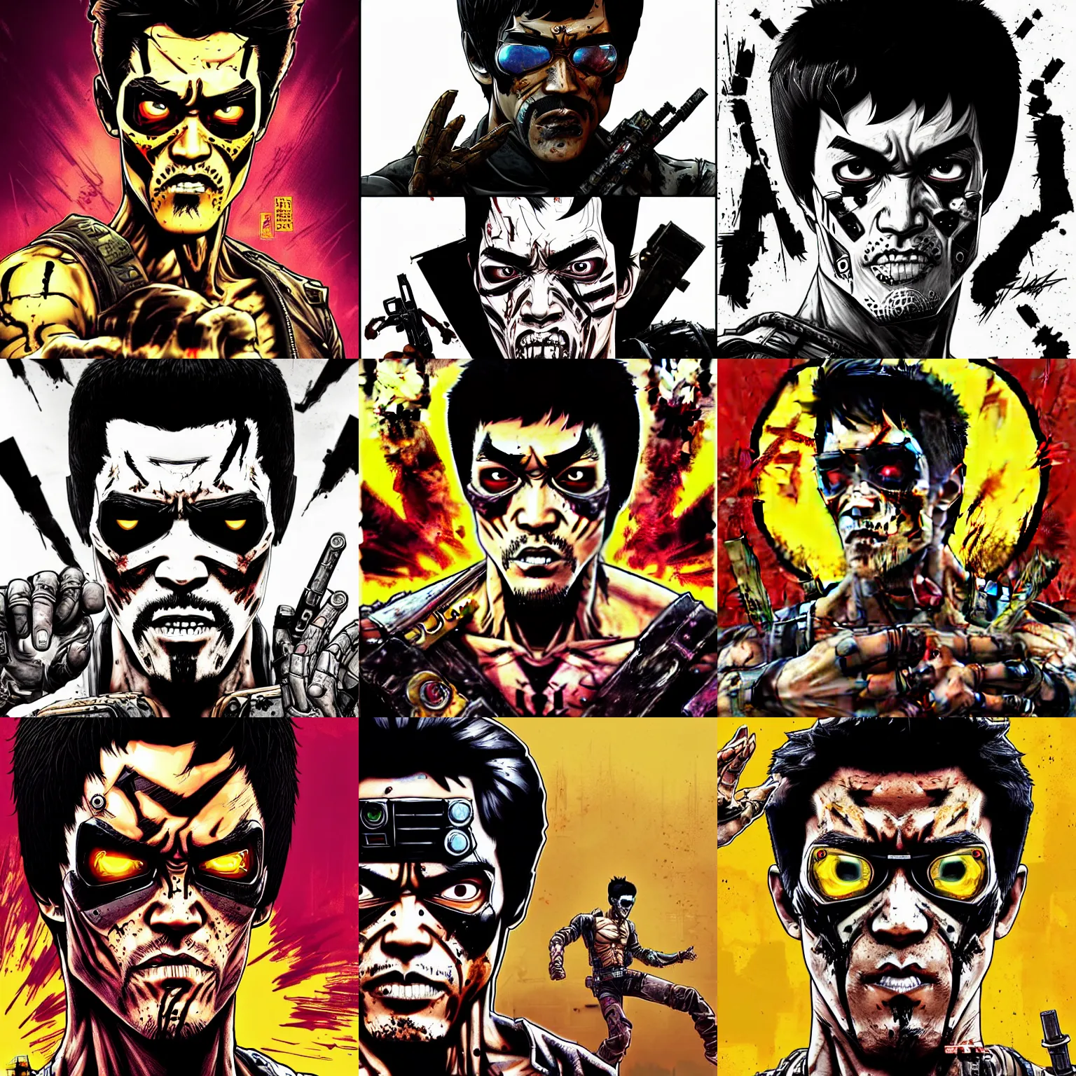 Prompt: borderlands 3 !!! bruce lee ! cell shaded! scary head portrait of terminator bruce lee ! with side face skeleton terminator as Borderlands 3 concept art, llustration, postapocalyptic grunge, concept art by Laurie Greasley, highly detailed, sharp focus,alien, HQ, 4K ,art by Laurie Greasley