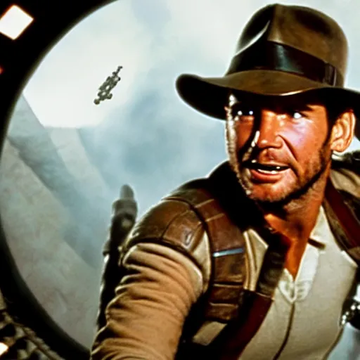 Image similar to indiana jones piloting the millennium falcon in star wars