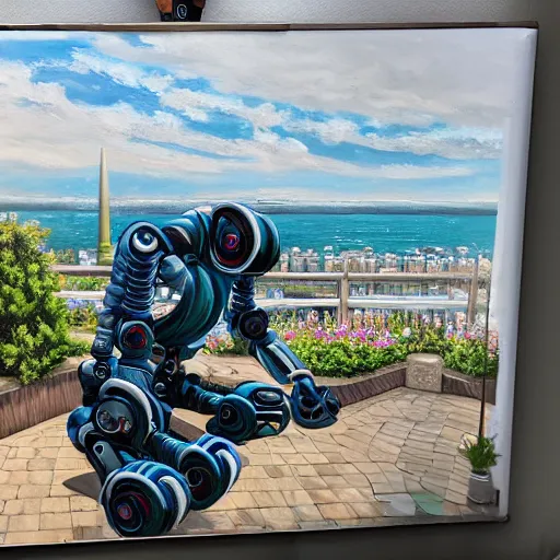 Image similar to an high resolution photo of a robot paiting a picture on a terrace over the see, hyper detailed, phoyography, realistic, art, 8 k, unreal engine, cinematic, shallow focus, f 2. 8 3 5 mm, kodak film, 3 5 mm film