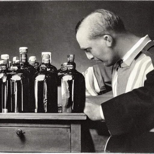 Prompt: a man in a uniform observing the sealing of a number of important looking bottles of spirits