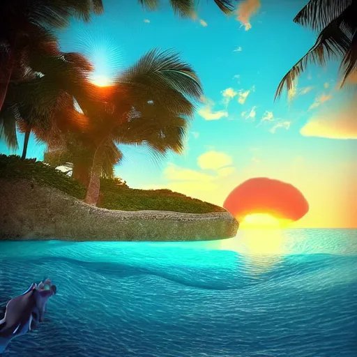 Image similar to “poop island with flies, Bahamas, Beautiful sunset, dynamic lighting, blue water, white sand, dolphin made of poop jumping out of water, trending on artstation, detailed, masterpiece”