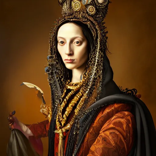 Image similar to portrait, headshot, digital painting, of Mother Ayahuascaa as a 17th century, beautiful female Royal, dark hair, amber jewels, baroque, ornate clothing, scifi, futuristic, realistic, hyperdetailed, chiaroscuro, concept art, art by caravaggio