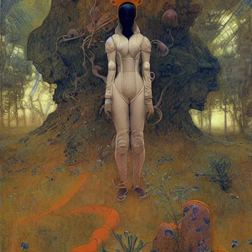 Image similar to beautiful woman in spacesuit, Martian forest, by Edgar Maxence and Ross Tran and Michael Whelan and Gustav Klimpt