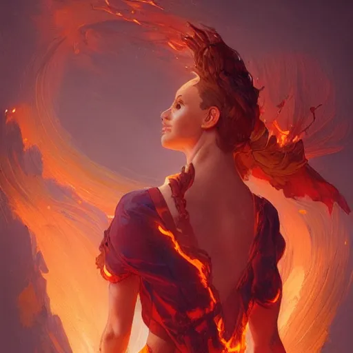 Image similar to fire shaped like a human, highly detailed, digital painting, artstation, concept art, wallpaper, smooth, sharp focus, illustration, art by artgerm and greg rutkowski and alphonse mucha